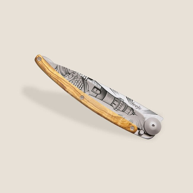 Deejo Tattoo Wood Lighthouse Folding Knife
