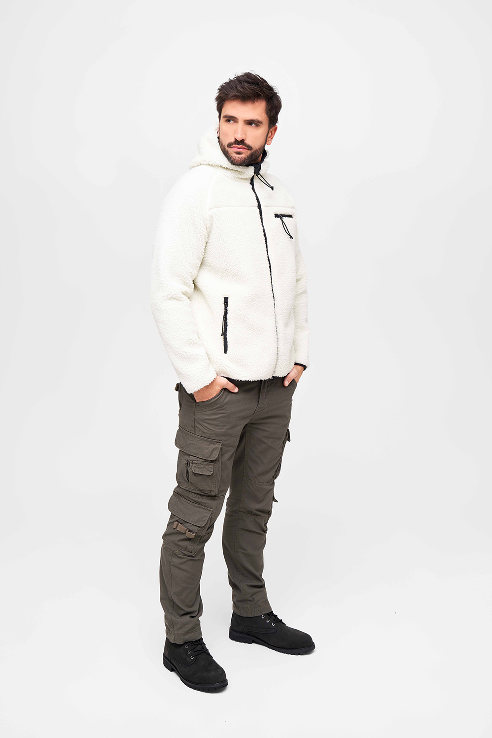 Brandit Worker bunda flísová s kapucňou Teddyfleece, biela