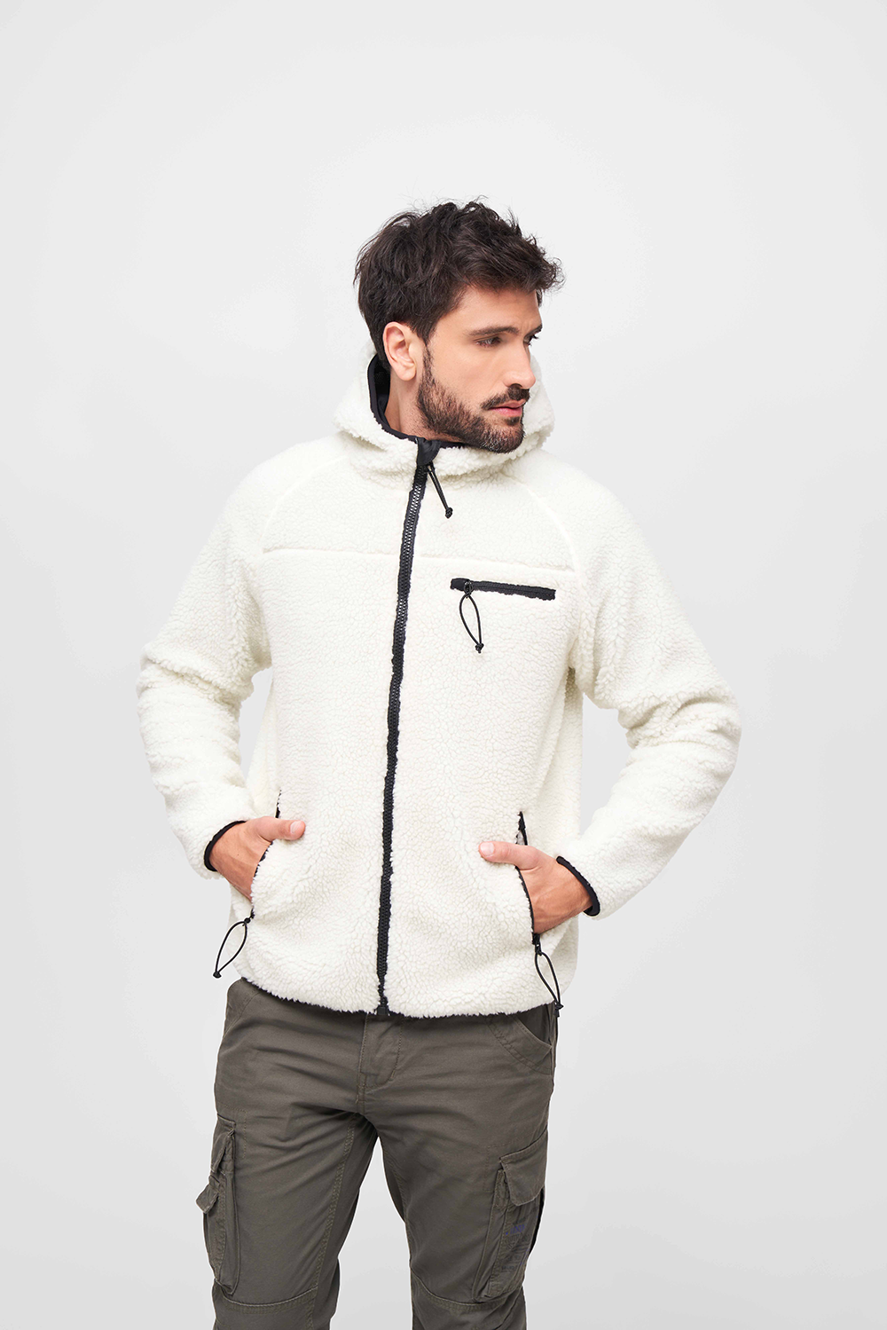 Brandit Worker bunda flísová s kapucňou Teddyfleece, biela