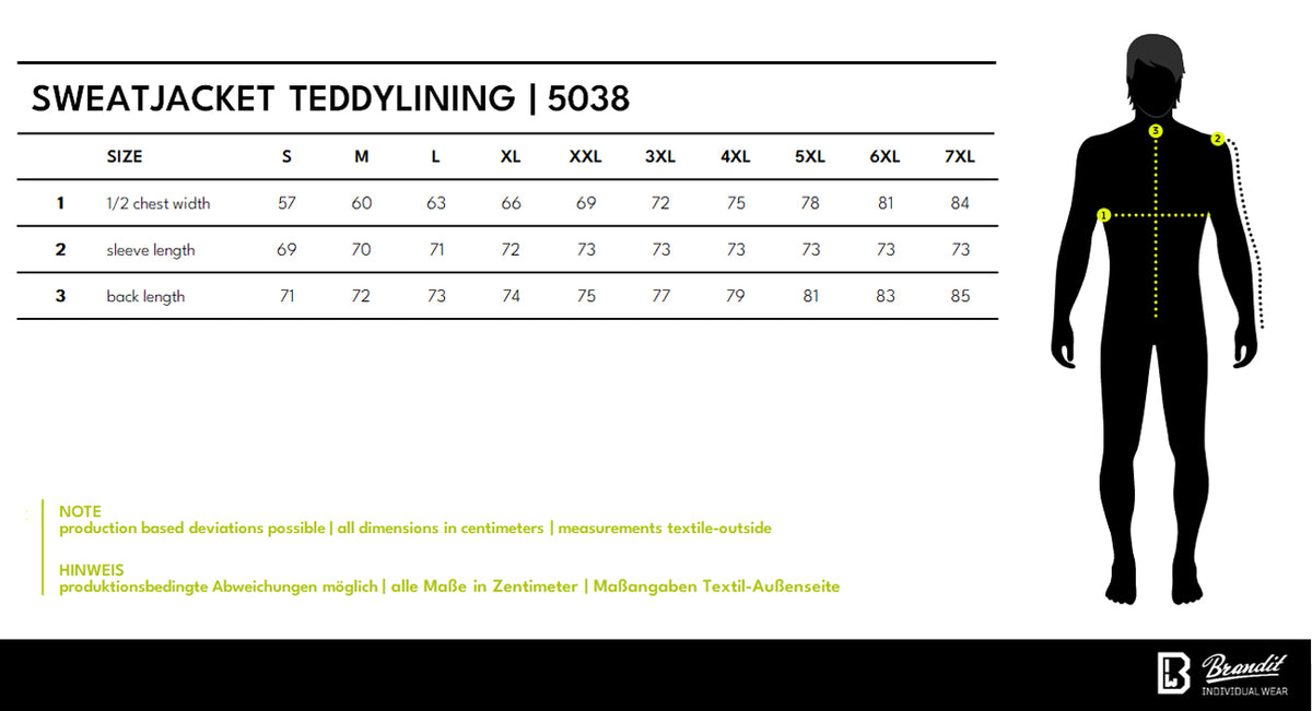 Veľkostná tabuľka Sweatjacket Teddylining