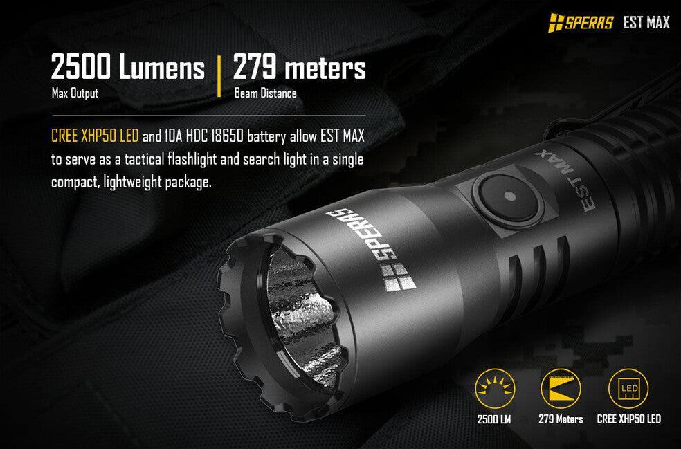 Speras Professional Tactical Flashlight EST Max 2500LM 279m