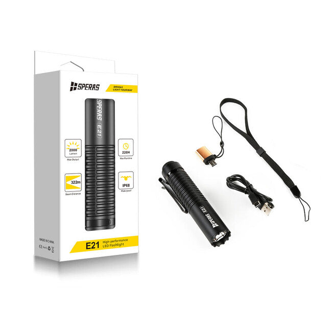 Speras Tactical Rechargeable Flashlight E21 EDC 2000LM, Black