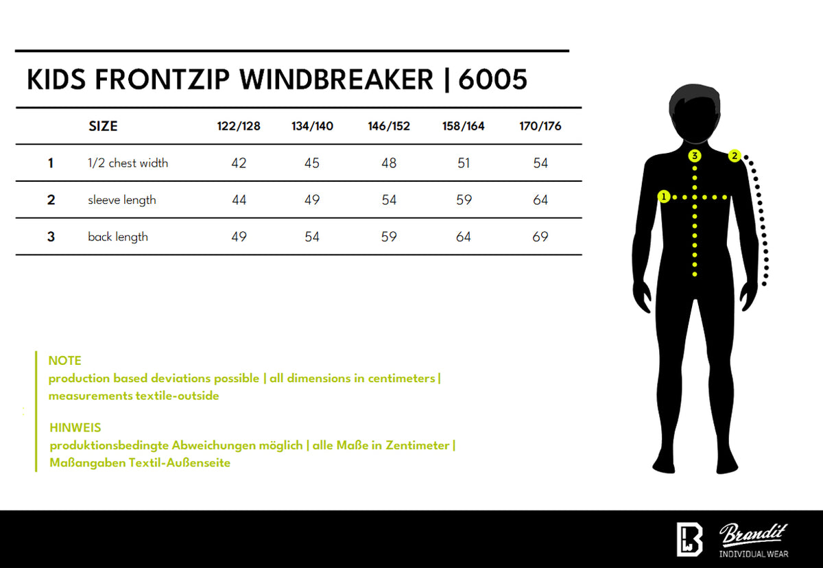 Veľkostná tabuľka Kids Frontzip Windbreaker