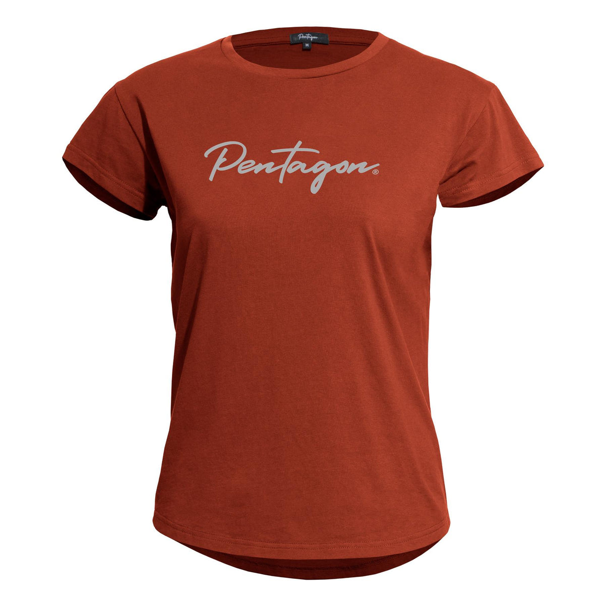 Pentagon Whisper Calligraphy Damen Kurzarm-T-Shirt, maroon red