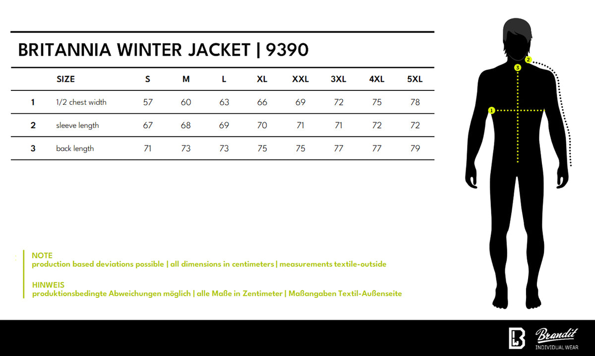 Veľkostná tabuľka Britannia Winter Jacket