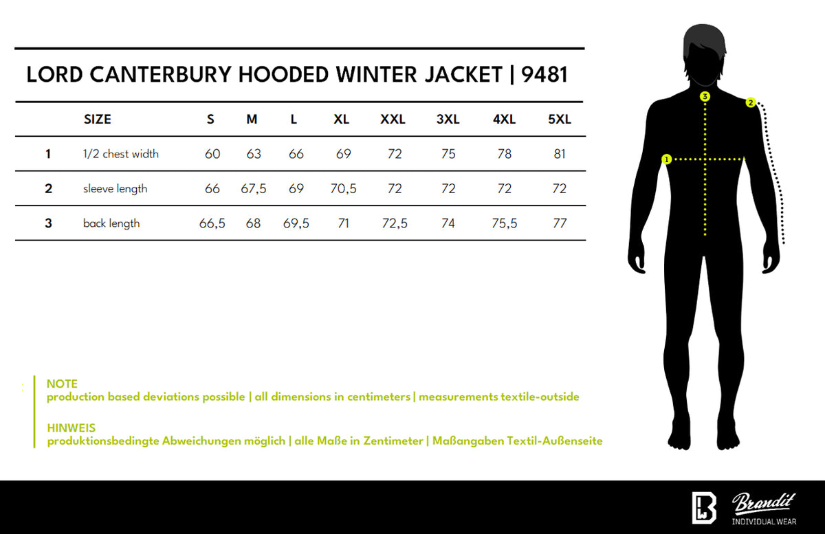 Veľkostná tabuľka Lord Canterbury Hooded Winter Jacket