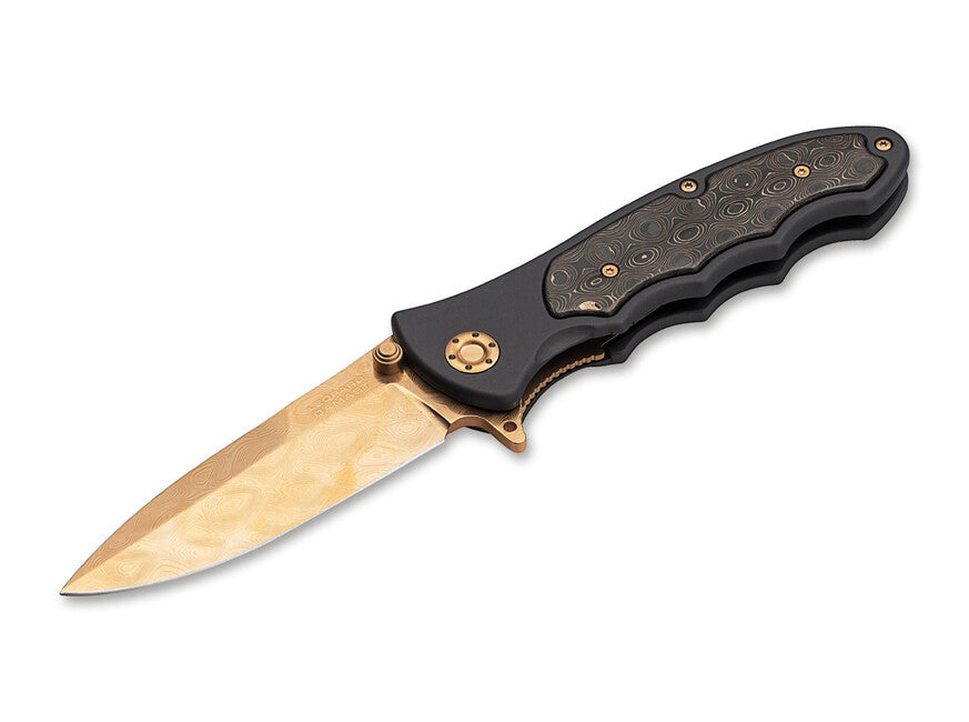 BÖKER Leopard-Damast III sammlermesser 9,5 cm, gold, schwarz, aluminium