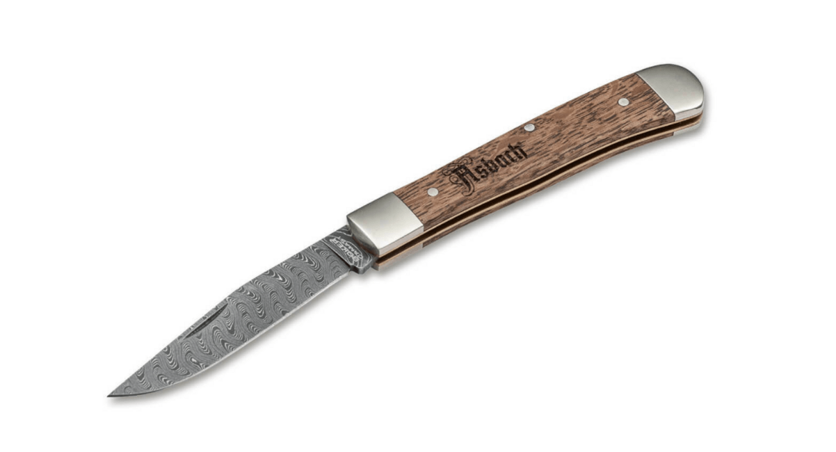 BÖKER Trapper Asbach Uralt Damastmesser mit Scheide, 8,5 cm, braun