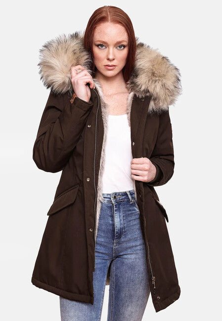 Navahoo Cristal damen Winterjacke mit Kapuze und Fell, dark choco