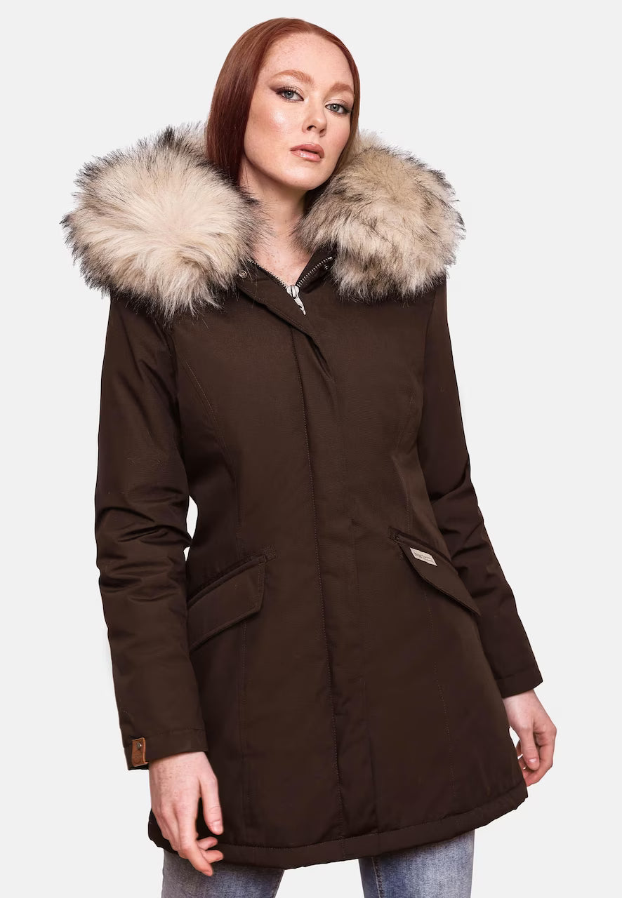 Navahoo Cristal damen Winterjacke mit Kapuze und Fell, dark choco