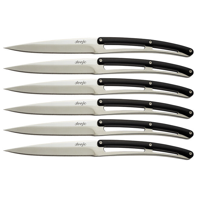 Deejo Set mit 6 Messern glänzende Klinge schwarzer ABS-Griff