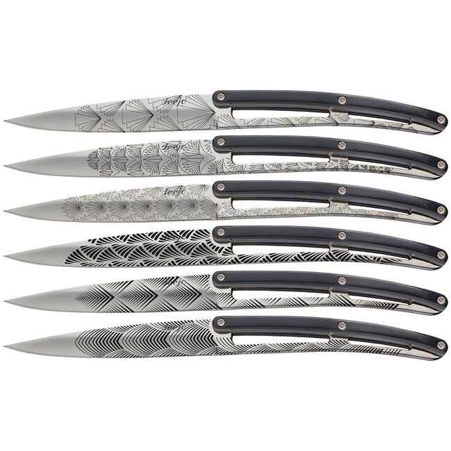 Deejo Set mit 6 Messern, glänzende Klinge, schwarzes ABS-Design, Art-Deco-Griff