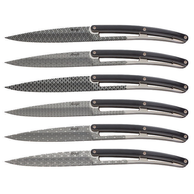 Deejo-Set mit 6 Messern, glänzender Klingengriff, schwarzes ABS-Design, Geometrie