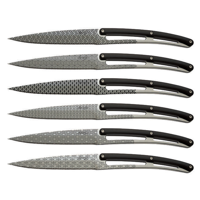 Deejo-Set mit 6 Messern, glänzende Klinge, gezackter Griff, schwarzes ABS-Design, Geometrie