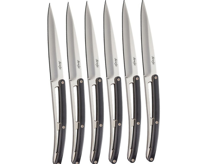 Deejo Set mit 6 tischmessern aus hochglänzendem ebenholz mit gezahnter klinge