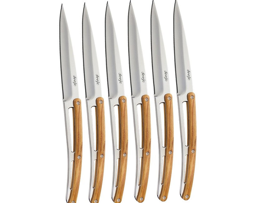 Deejo-Set mit 6 Tischmessern aus hochglänzendem Olivenholz mit gezahnter Klinge
