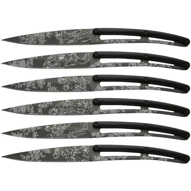 Deejo Set mit 6 Steakmessern, klinge aus schwarzem titan gezackter griff schwarzem abs-design, toile de jouy