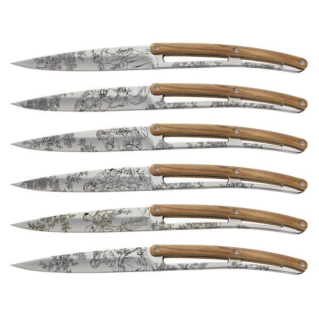 Deejo Set mit 6 steakmessern glänzende klinge aus olivenholz art-déco-design