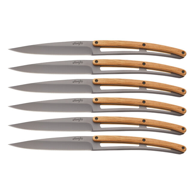 Deejo Set mit 6 Steakmessern Klingenoberfläche aus Titan Olivenholz