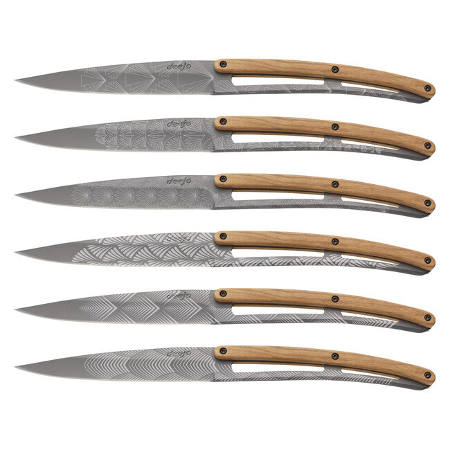 Deejo Set mit 6 steakmessern, titanoberfläche, olivenholz, art-déco-design