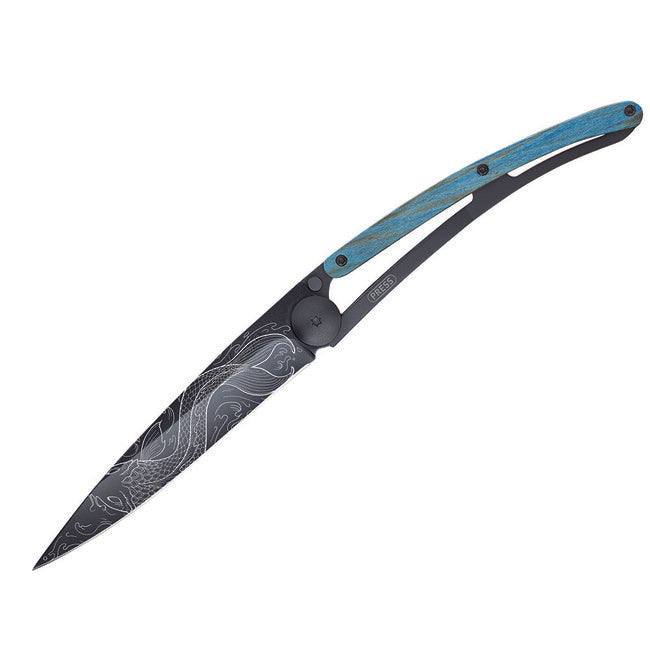Deejo Schließmesser schwarzes Tattoo blaue Buche Fisch