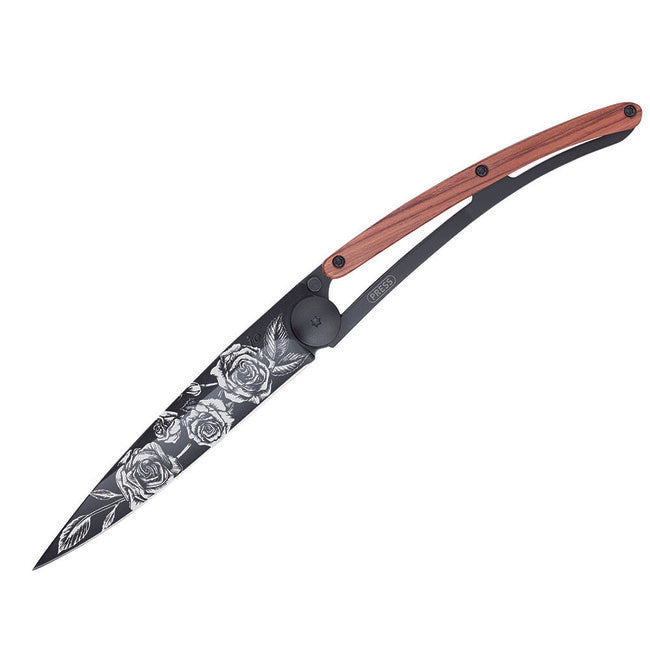 Deejo Schließmesser Black Tattoo Schwarze Tattoo-Korallenholz-Rosen