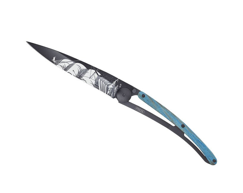 Deejo Klappmesser Tattoo Schwarz Blau Buche Corsair