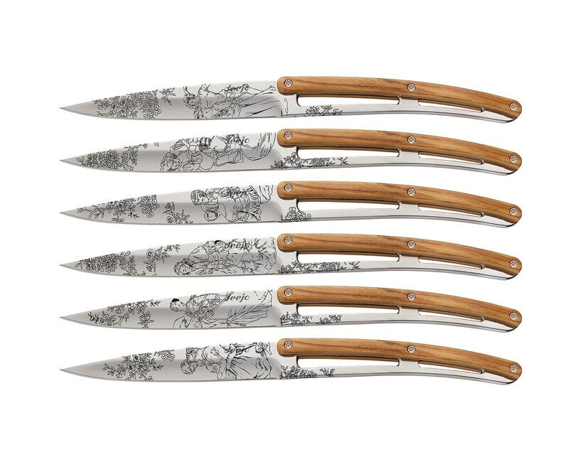 Deejo Klappmesser Tattoo Set Steakmesser glänzende Oberfläche Olivenholz Toile de Jouy