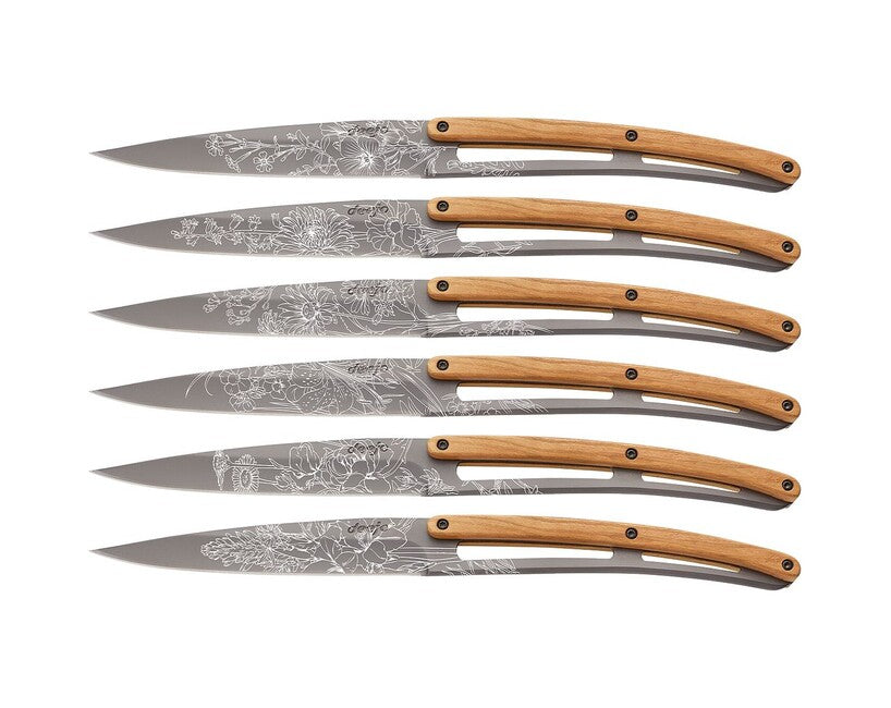 Deejo Tattoo Klappmesser Steakmesserset graues Titan Olivenholz Blossom