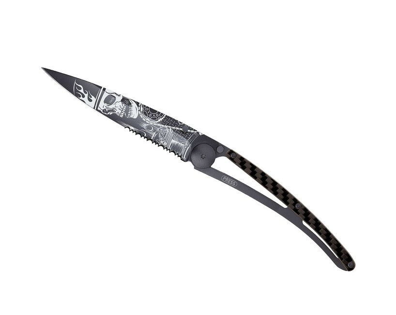 Deejo Tattoo Serration Schließmesser Carbon Ride or Die