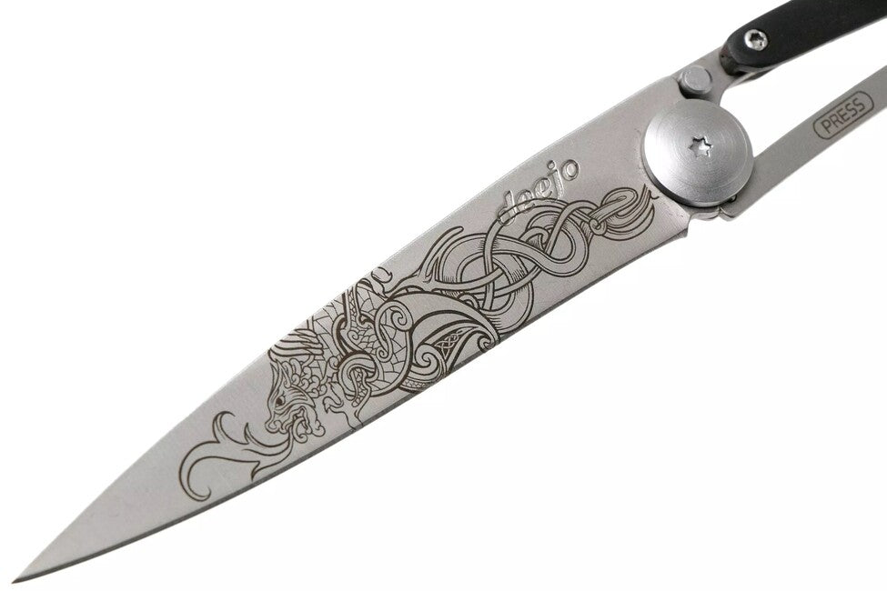 Deejo Tattoo Viking Folding Knife, Ebony Wood