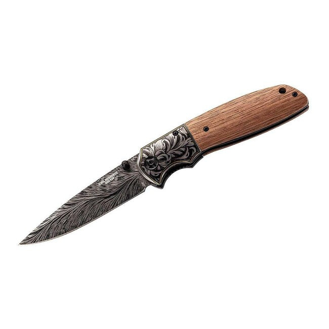 Herbertz Einhandtaschenmesser 10cm, Nussbaumholz, geprägtes Ziermotiv