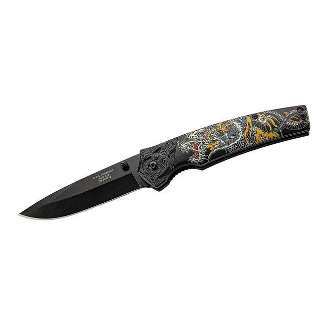 Herbertz Einhandtaschenmesser 9cm, aluminium, farbiger asiatischer drache