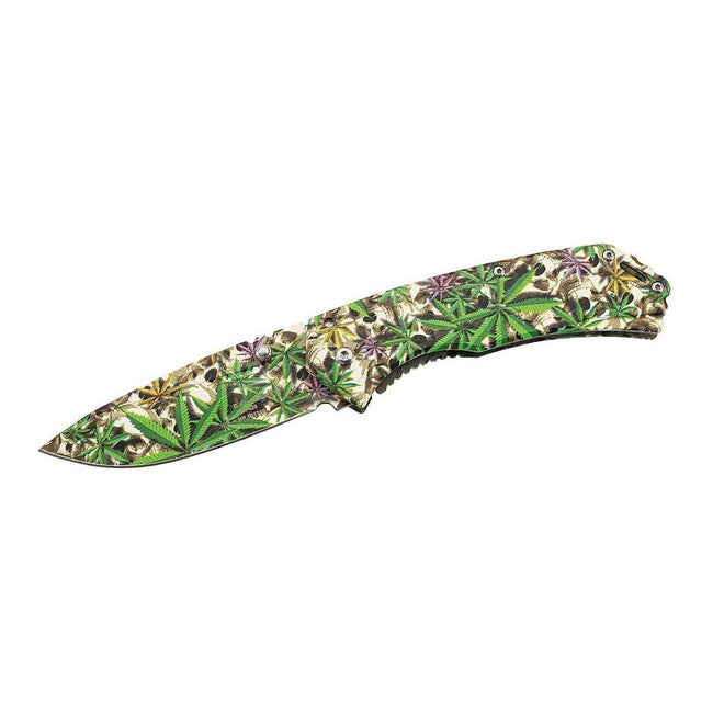 Herbertz Einhandtaschenmesser 9cm, edelstahl, 3D-Totenköpfe und Hanfblätter