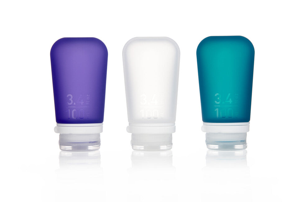 Humangear GoToob+ Silikon-Reiseflasche/Kartusche 3er-Pack 100 ml transparent/lila/türkis