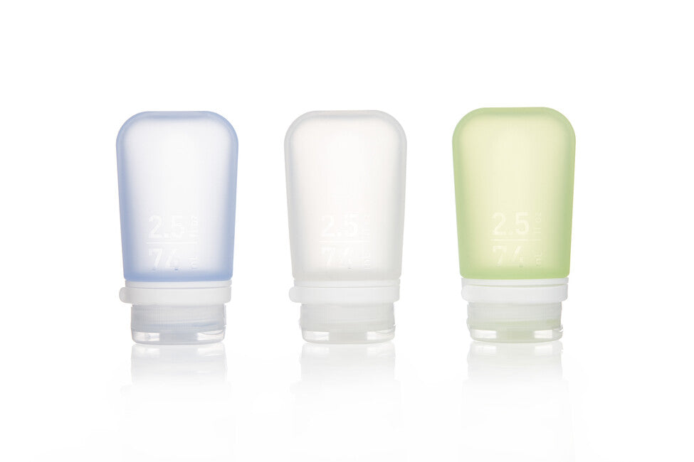 Humangear GoToob+ Silikon-Reiseflasche / Behälter 3er-Pack 74 ml, transparent/grün/blau