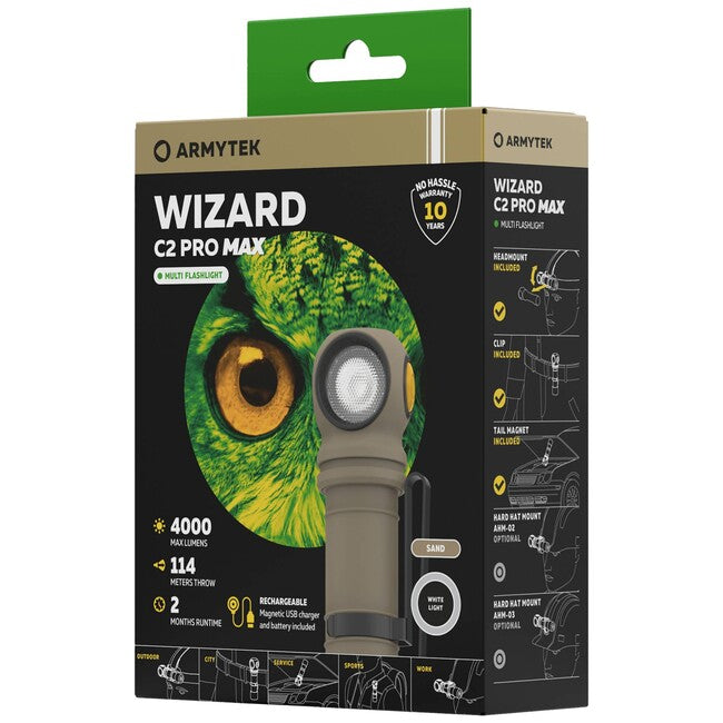 ArmyTek Wizard C2 Pro Max Magnet White LED Flashlight with Magnetic Mount, Battery Powered, 4000 lm, Sand