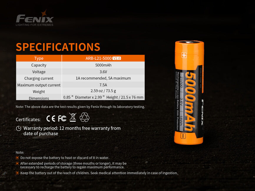 Fenix nabíjateľná batéria 21700 5000 mAh, Li-Ion