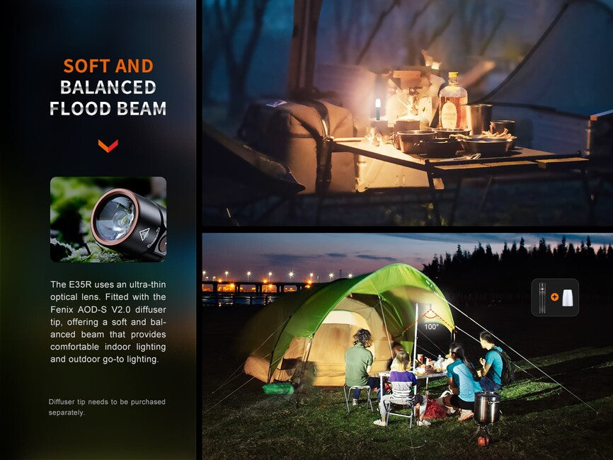 Fenix E35R wiederaufladbare Taschenlampe und weißer Diffusor AOD-S V2.0
