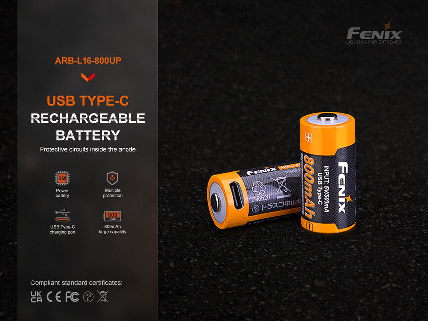 Fenix RCR123A επαναφορτιζόμενη μπαταρία USB-C Li-ion, 800 mAh