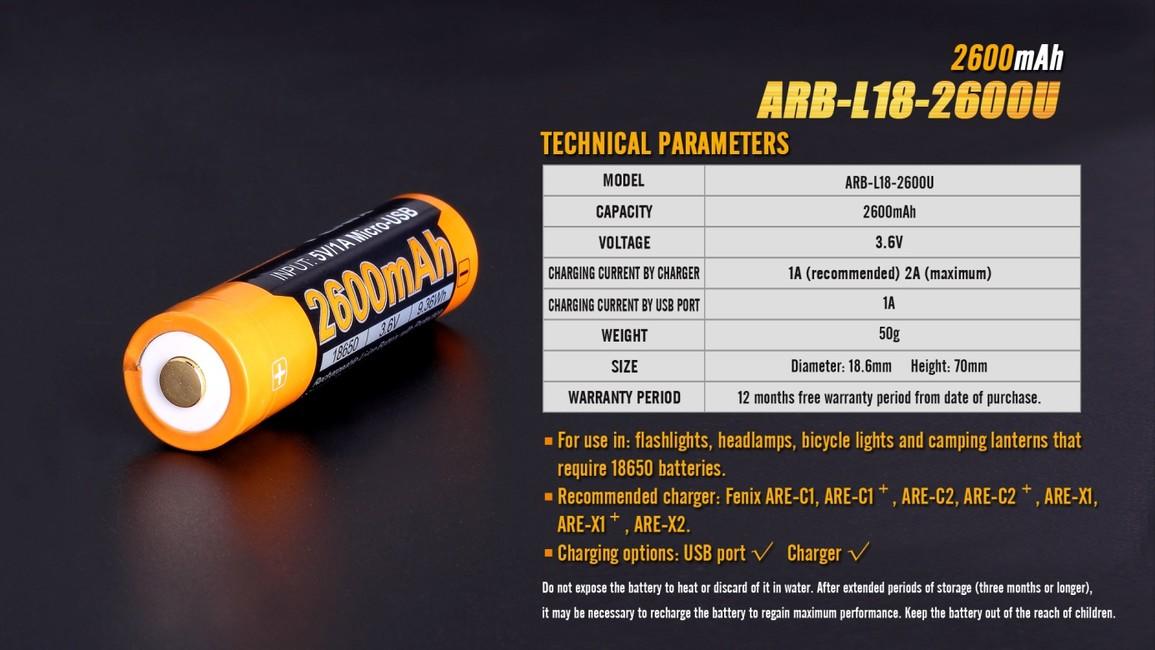 Fenix Battery 18650 USB 2600 mAh, Li-Ion