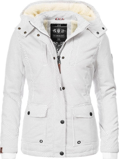 Marikoo KEIKOO damen-Winterjacke mit Kapuze, weiß gepunktet