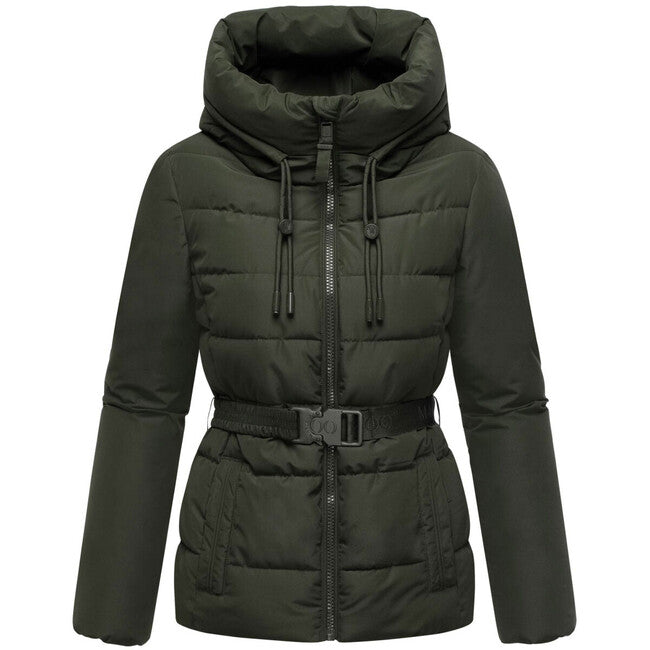 Marikoo HIMEE 16 damen Winterjacke mit hohem Kragen und Gürtel, dark olive