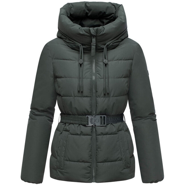 Marikoo HIMEE 16 damen Winterjacke mit hohem Kragen und Gürtel, stone green