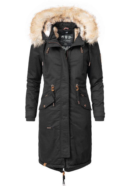 Navahoo KIN-JOO damen Winterjacke mit Kapuze und Fell, schwarz