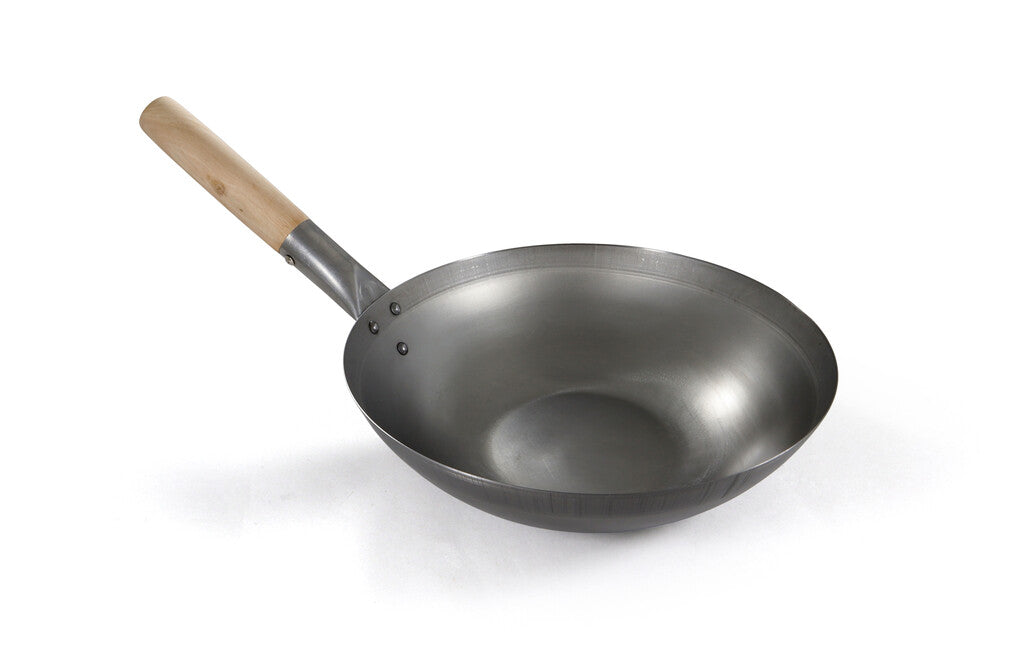 Origin Outdoors Carbon Steel Wok mit flachem Boden und Holzgriff