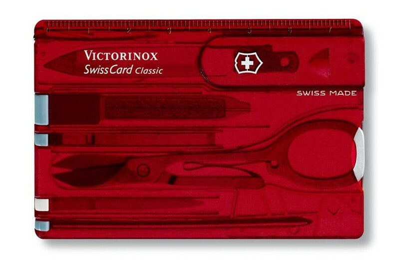 Victorinox SwissCard Ruby vreckový nôž, červená transparentná, 10 funkcií, blister
