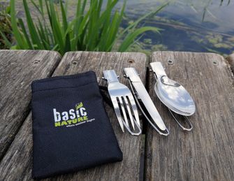 BasicNature MiniTrek Edelstahl-Klappbesteck-Set mit Nylon-Tasche