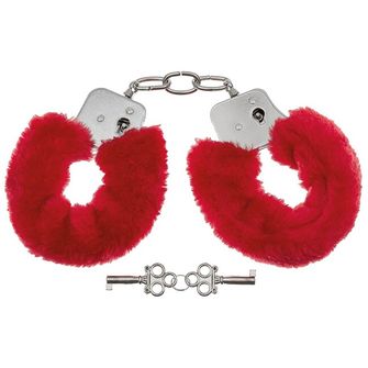 MFH Handschellen mit rotem Plüschbezug, 2 Schlüssel, chrom